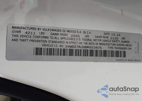 2011 Volkswagen Jetta 2.5L Se z USA, uszkodzony, nr VIN 3VWDZ7AJXBM323475